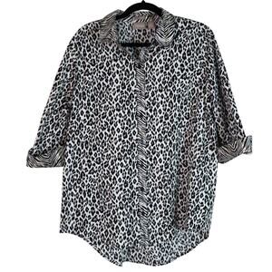 NEW Chicos Animal Print Cheetah Zebra Button Up Tunic Collar Shirt Cotton 2 Lrge